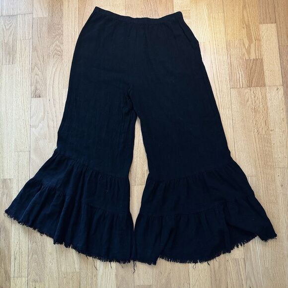 Umgee Boho Retro Ruffle Bell Bottom Pants Women’s L Black Wide Leg Festival EUC - Picture 2 of 16